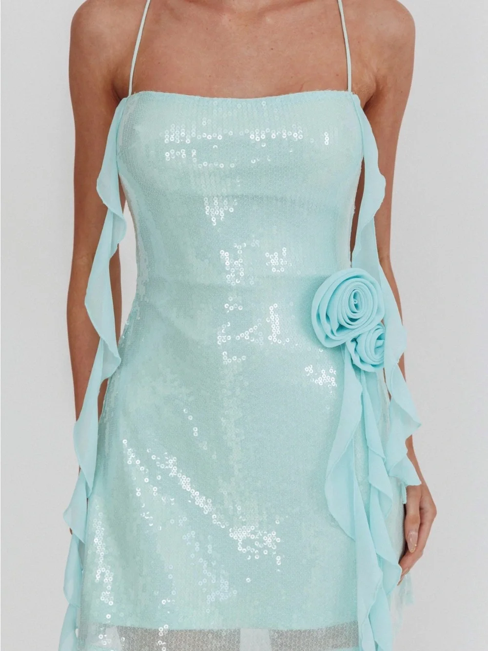 Light Blue Sequin Mini Dress with Floral Detail - Picture 3 of 4